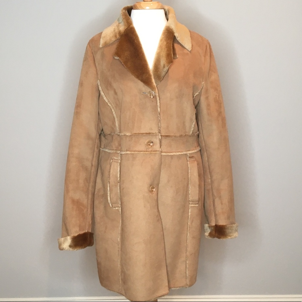 Lauren Max Coat Sz XL Midi Faux Suede Faux Fur Trench Vegan Penny Lane Retro 70s